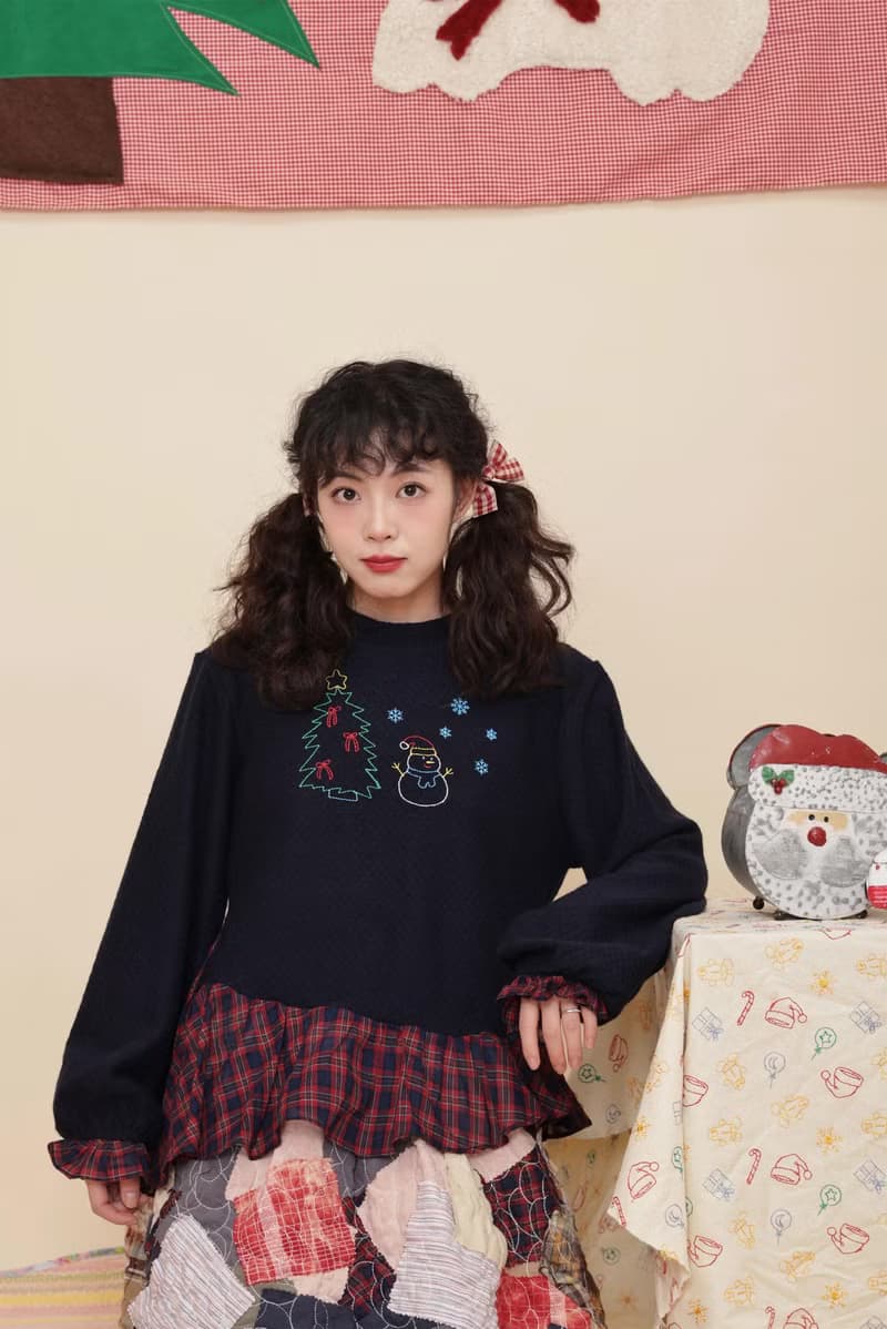 復古少女 格子刺繡童趣針織衫