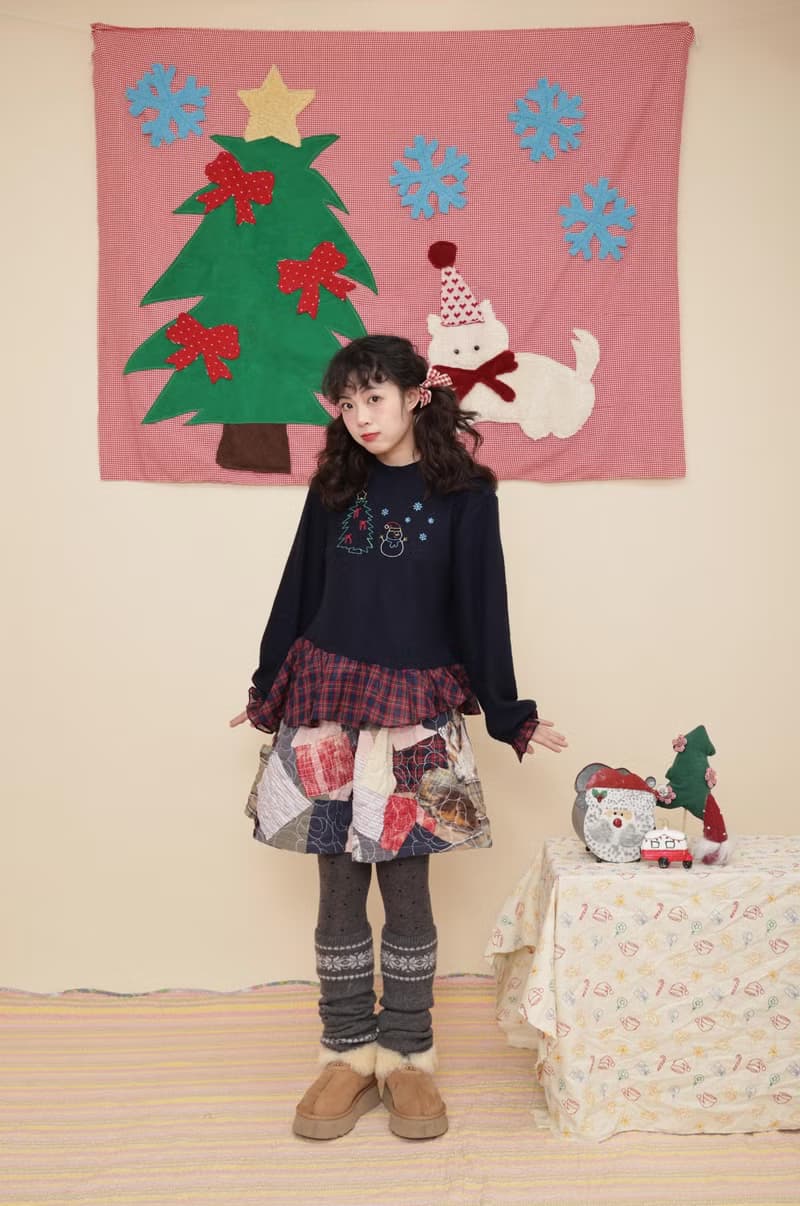 復古少女 格子刺繡童趣針織衫