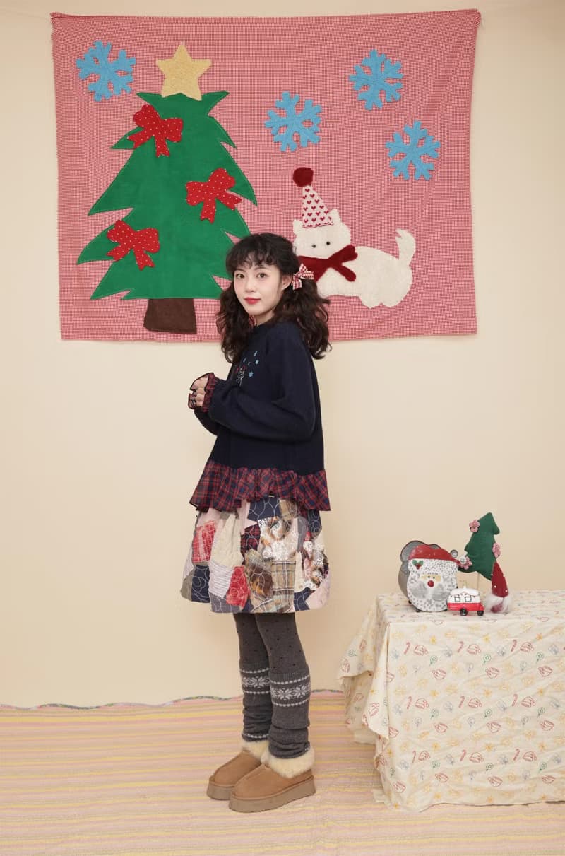 復古少女 格子刺繡童趣針織衫