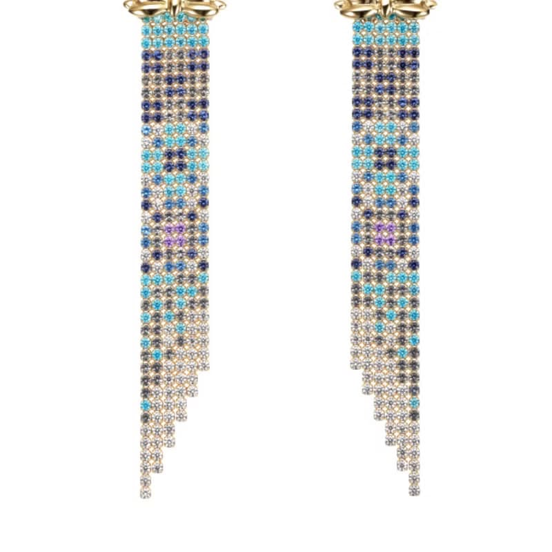 純銀八心八箭鋯石六排流蘇耳飾 - 藍色花磚/金色 (可改夾)