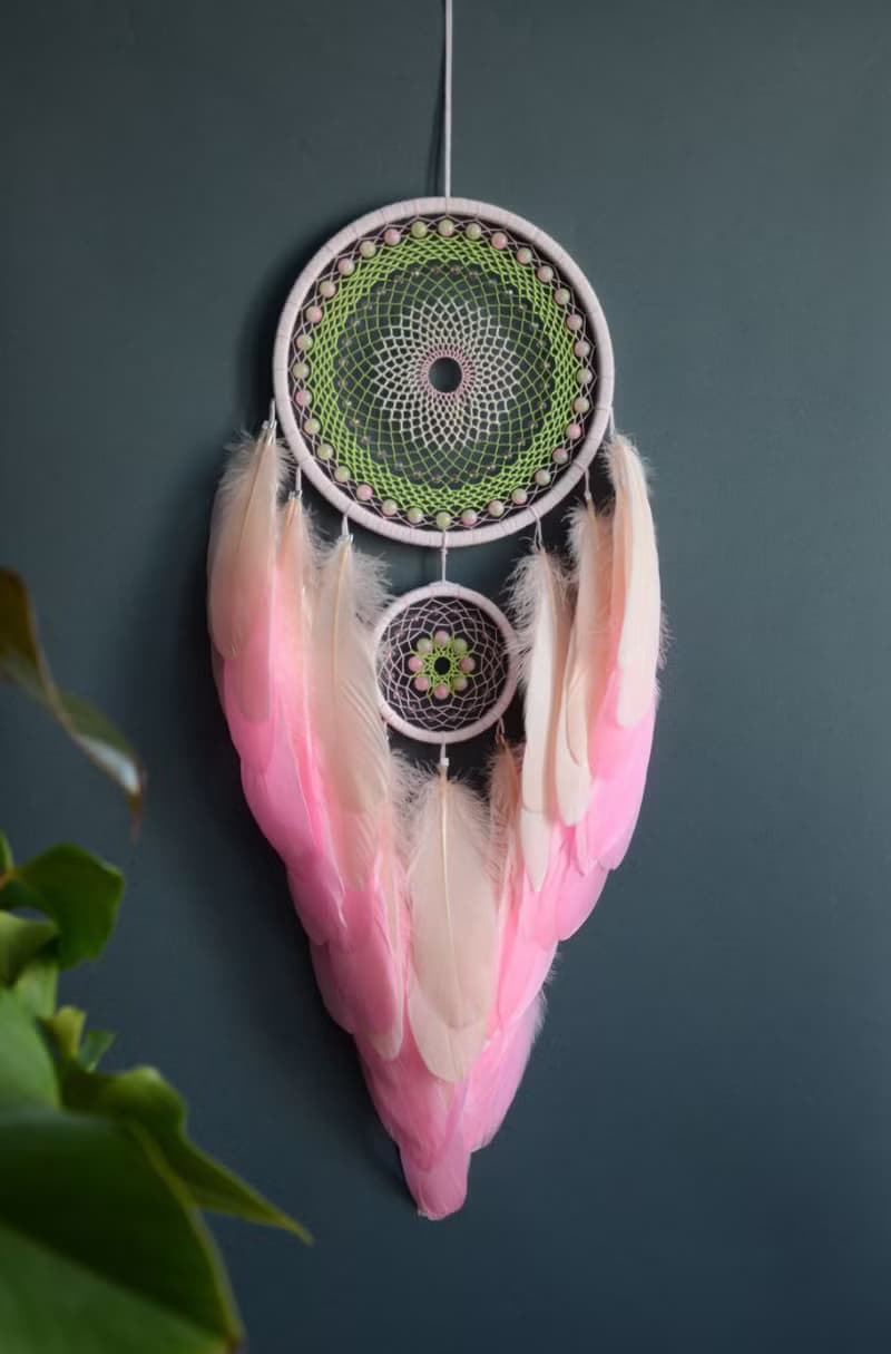 Pink spring green dream catcher for girl | Sakura blossom wall decor for bedroom