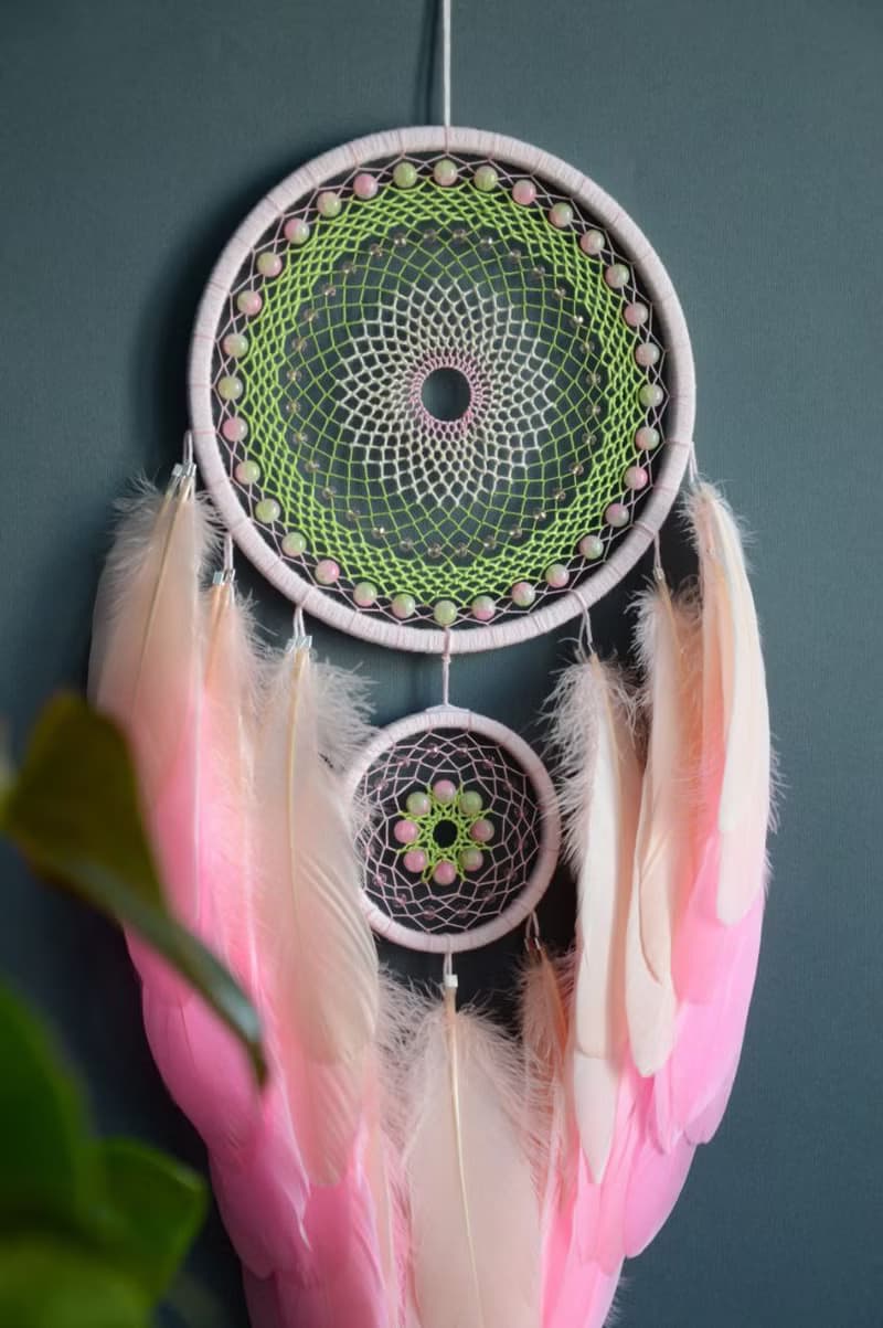 Pink spring green dream catcher for girl | Sakura blossom wall decor for bedroom