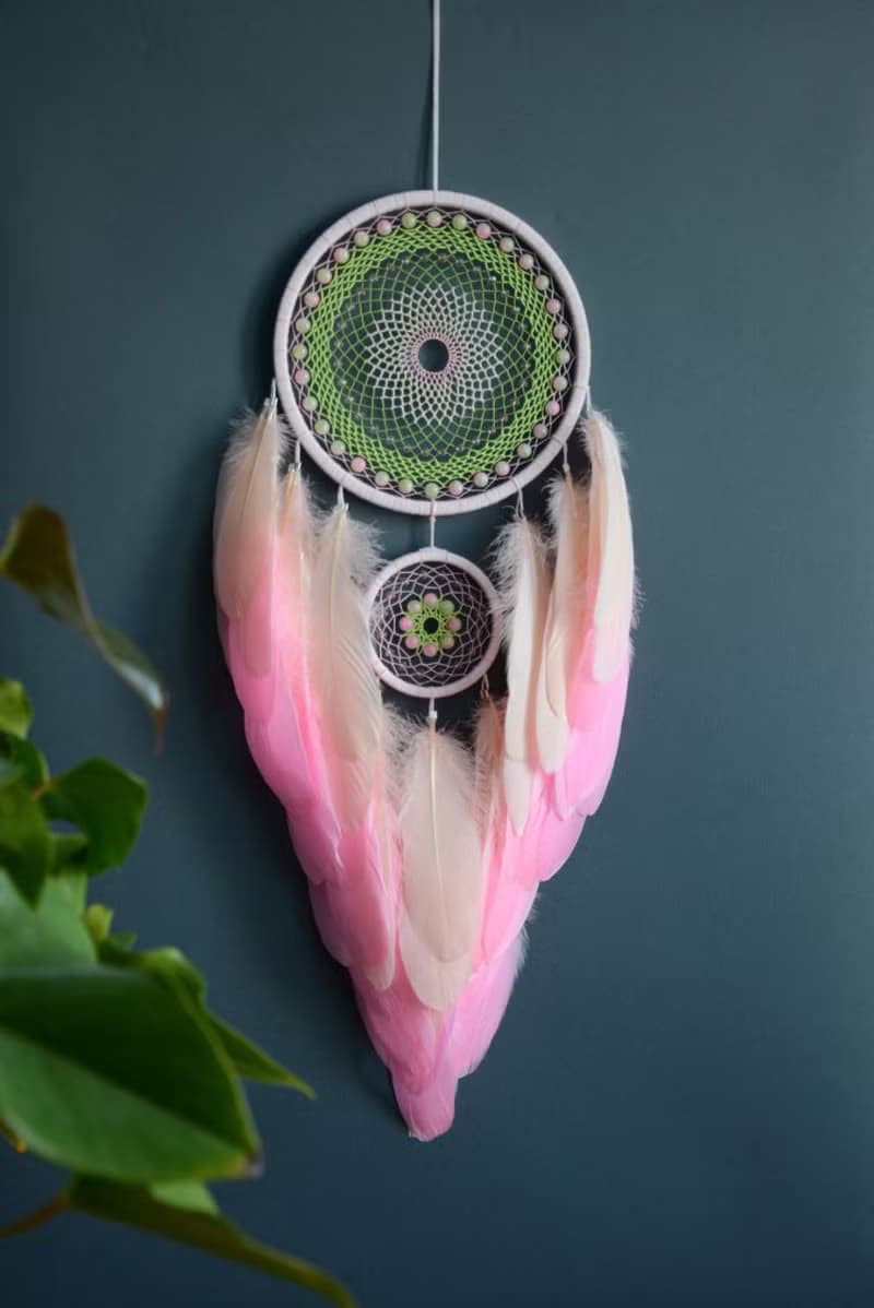 Pink spring green dream catcher for girl | Sakura blossom wall decor for bedroom