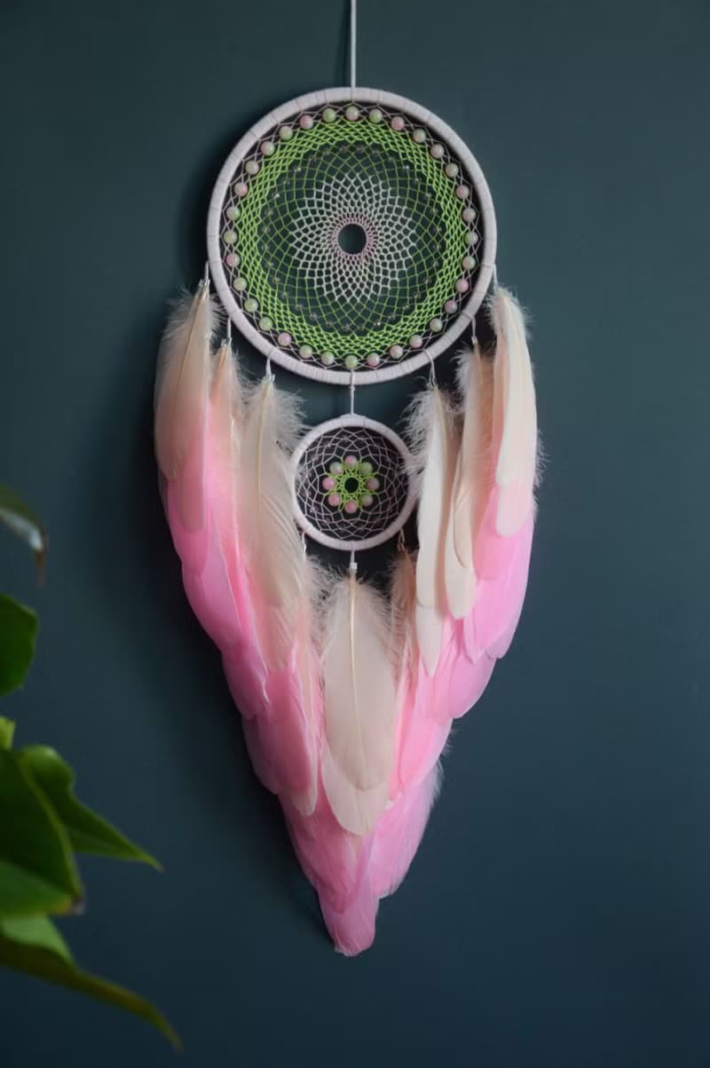 Pink spring green dream catcher for girl | Sakura blossom wall decor for bedroom