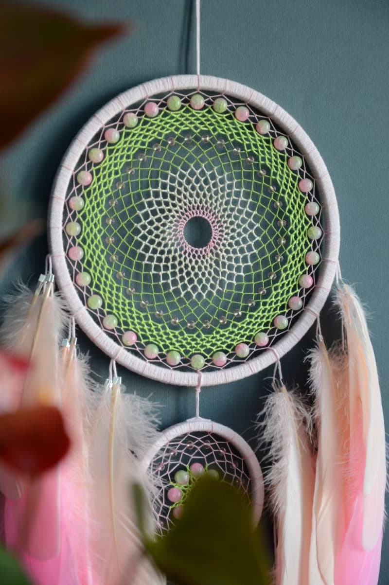Pink spring green dream catcher for girl | Sakura blossom wall decor for bedroom