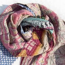 手縫紗麗布拼接絲巾/刺繡絲巾/刺繡圍巾/手縫紗麗線絲巾-花朵點點