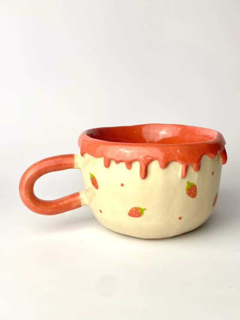 Handmade ceramic cup, cute red strawberry pattern handmade ceramic cup