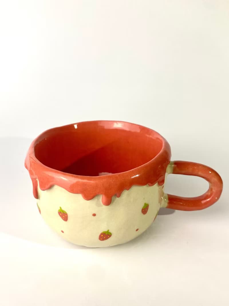 Handmade ceramic cup, cute red strawberry pattern handmade ceramic cup
