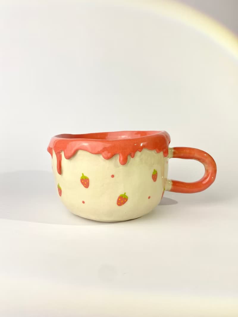 Handmade ceramic cup, cute red strawberry pattern handmade ceramic cup