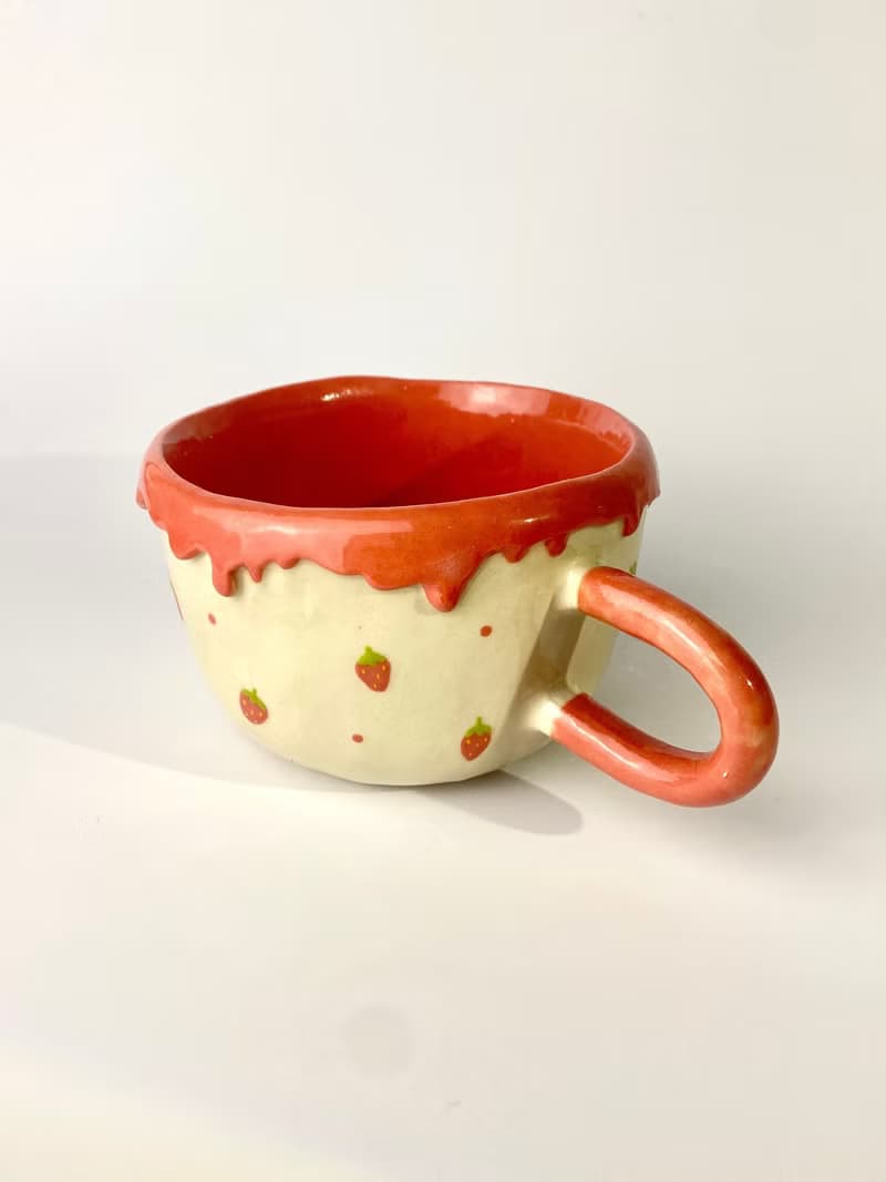 Handmade ceramic cup, cute red strawberry pattern handmade ceramic cup