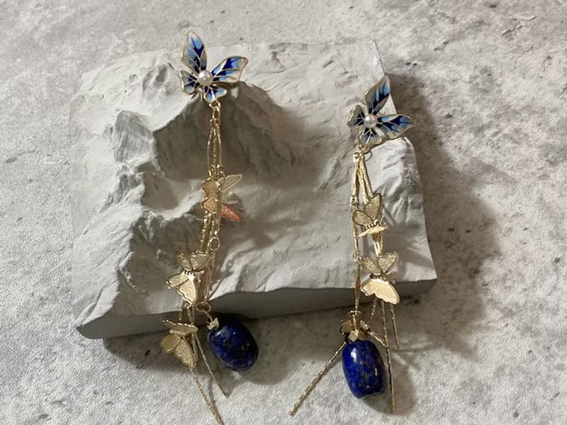 【景泰藍蝴蝶。耳針】青金石、燒藍、注14k金|單品保證