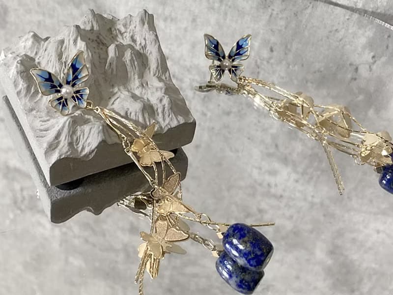 【景泰藍蝴蝶。耳針】青金石、燒藍、注14k金|單品保證