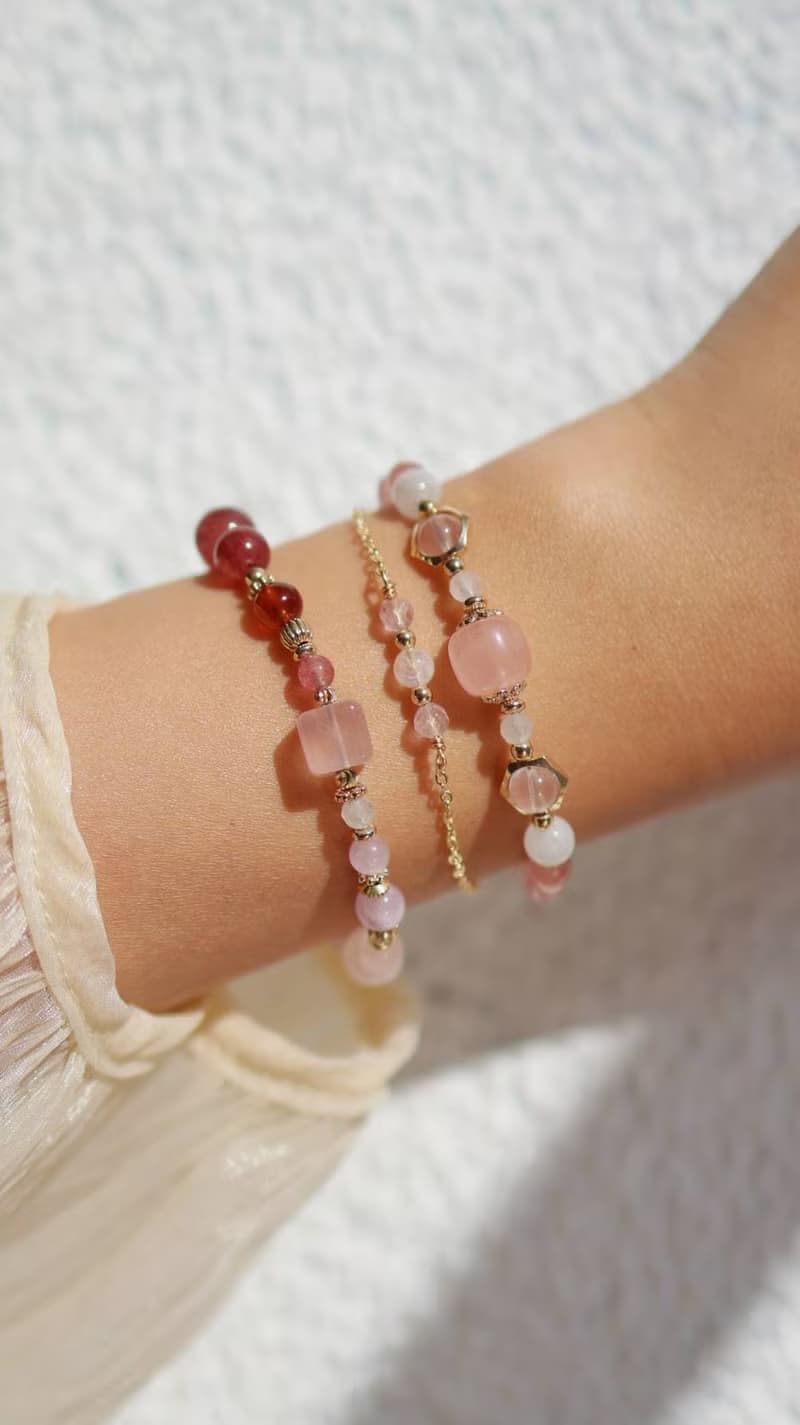 櫻吹雪。星光粉晶 馬粉 月光石 14K包金 水晶礦石設計手鍊