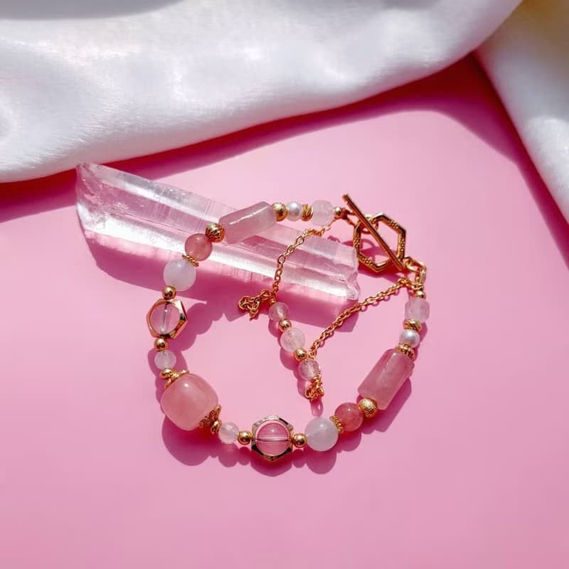 櫻吹雪。星光粉晶 馬粉 月光石 14K包金 水晶礦石設計手鍊