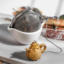 01LIV 不銹鋼濾茶器 CHICHI濾茶球 金色菠蘿壺吊饰帶茶托瓷碗