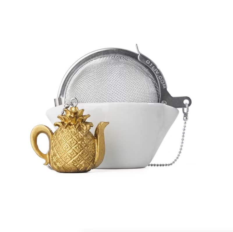 01LIV 不銹鋼濾茶器 CHICHI濾茶球 金色菠蘿壺吊饰帶茶托瓷碗