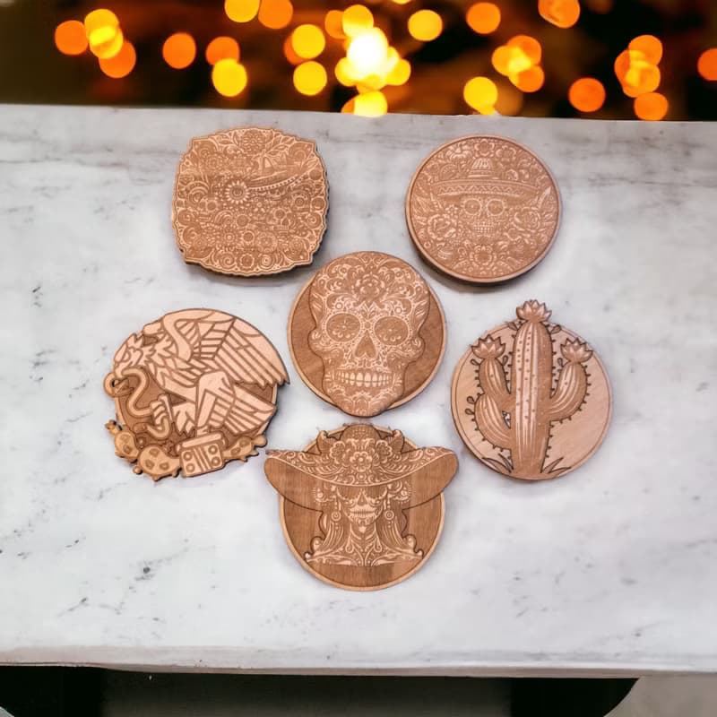 Mexican Patterns Wooden Coaster Set – Cultural Home Bar Decor - Mexico Art