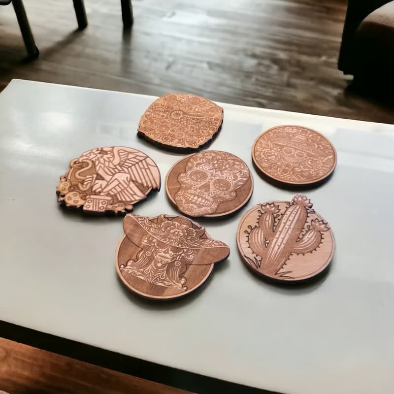 Mexican Patterns Wooden Coaster Set – Cultural Home Bar Decor - Mexico Art