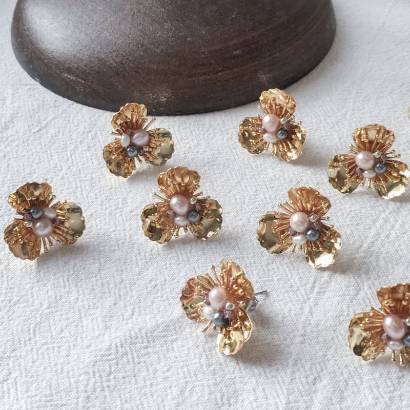 春分系列 - 綻放植花耳釘 日本珠 淡水珍珠 厚鍍18K金 耳環 禮物