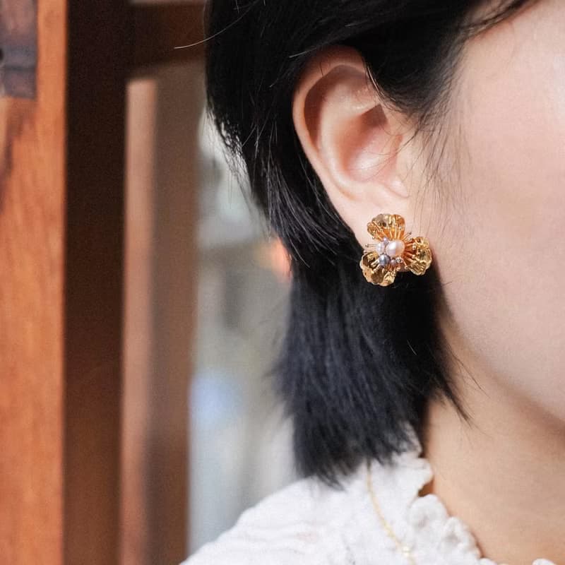春分系列 - 綻放植花耳釘 日本珠 淡水珍珠 厚鍍18K金 耳環 禮物