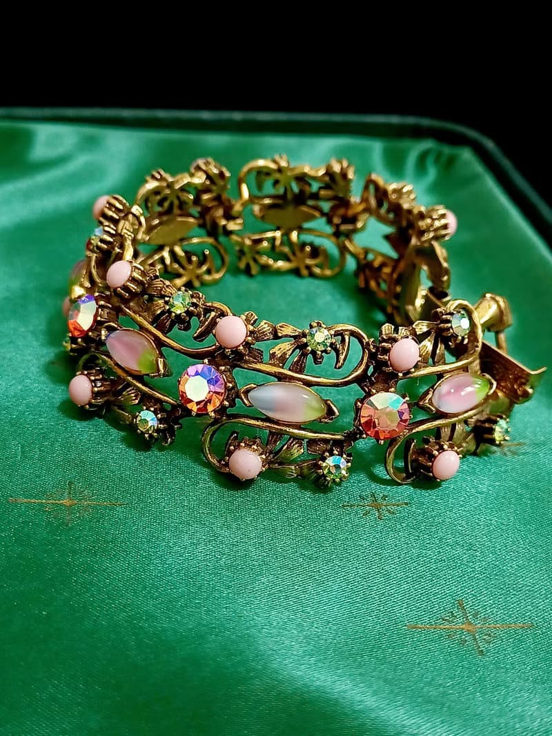 vintage jewelry Florenza 粉色極光萊茵華麗雕花 手鍊