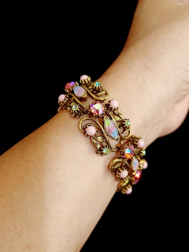 vintage jewelry Florenza 粉色極光萊茵華麗雕花 手鍊