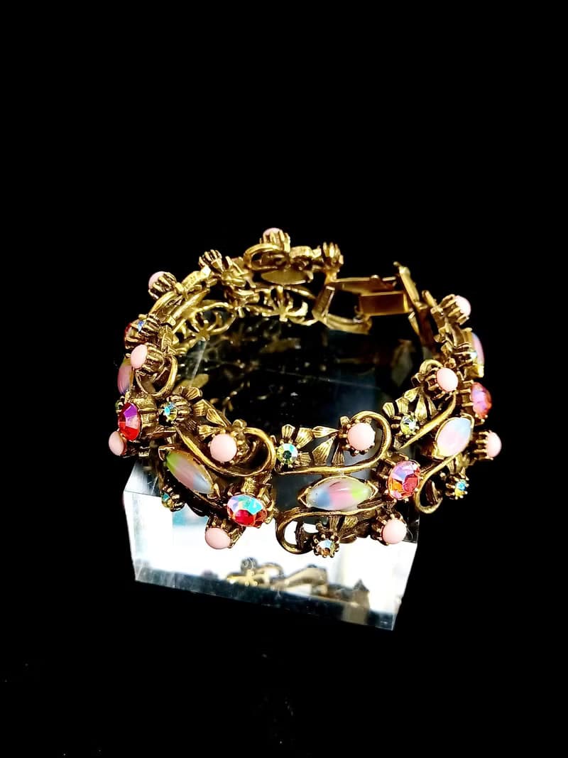 vintage jewelry Florenza 粉色極光萊茵華麗雕花 手鍊