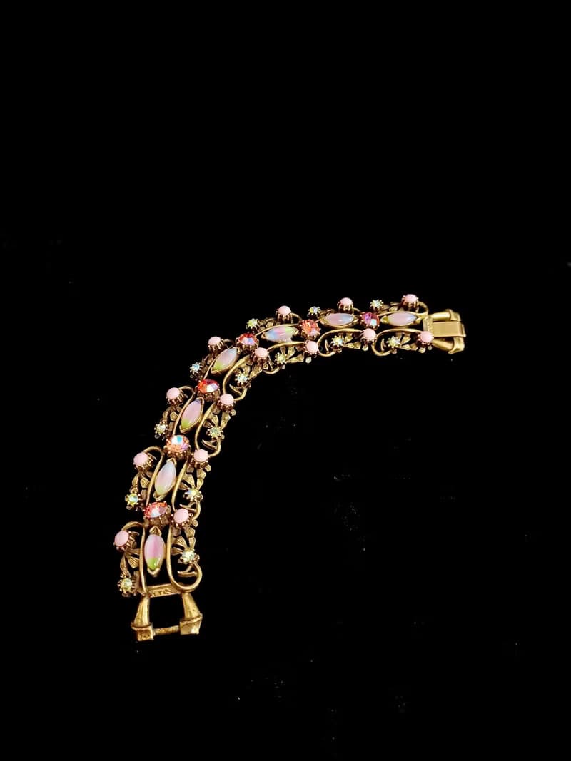 vintage jewelry Florenza 粉色極光萊茵華麗雕花 手鍊