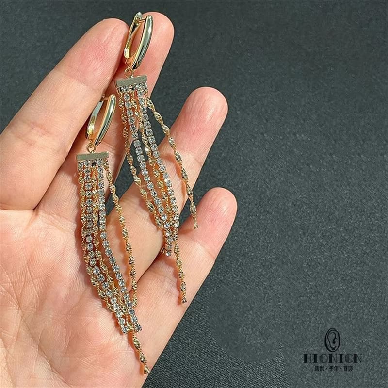 愛在羅馬~原創小眾長款流蘇鋯石銀針耳扣耳環耳夾修飾臉型超閃