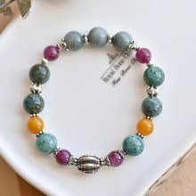 矽孔雀石+桃紅碧璽+黃玉+鷹眼石純銀水晶手鍊