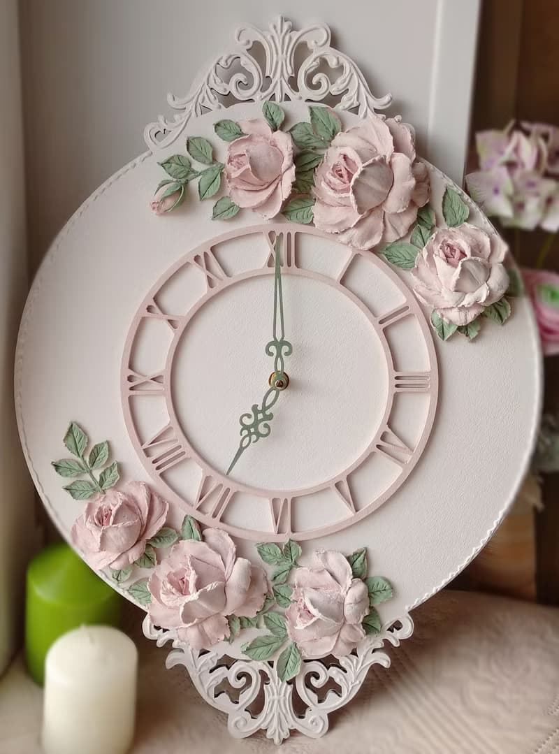 靜音掛鐘 Pink wall clock with roses Silent wall clock for bedroom girl room Mom Gift