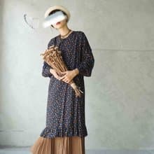 手作-小清新深藍碎花印花寬袖縮口設計荷葉下擺麂皮繩綁帶洋裝