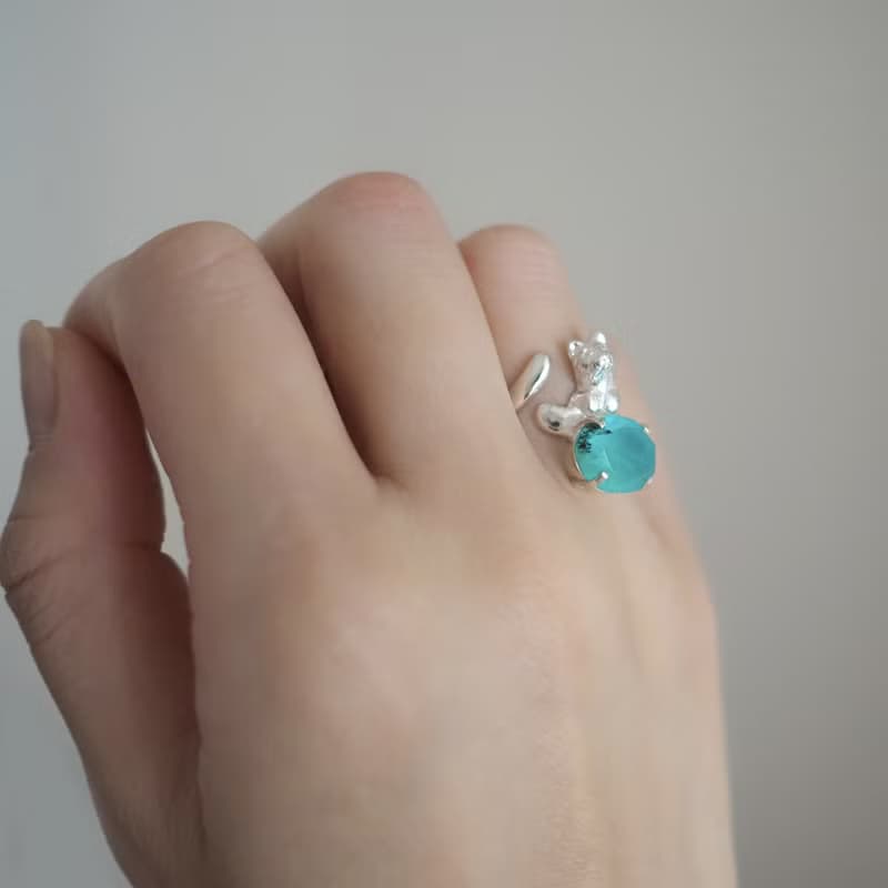 ペルビアンブルーオパールと Silver猫リング