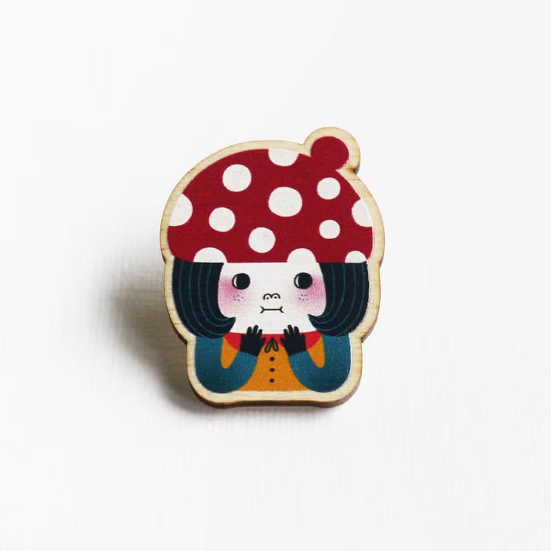 Little Red Mushroom 小紅蘑菇頭木製胸針 可愛徽章