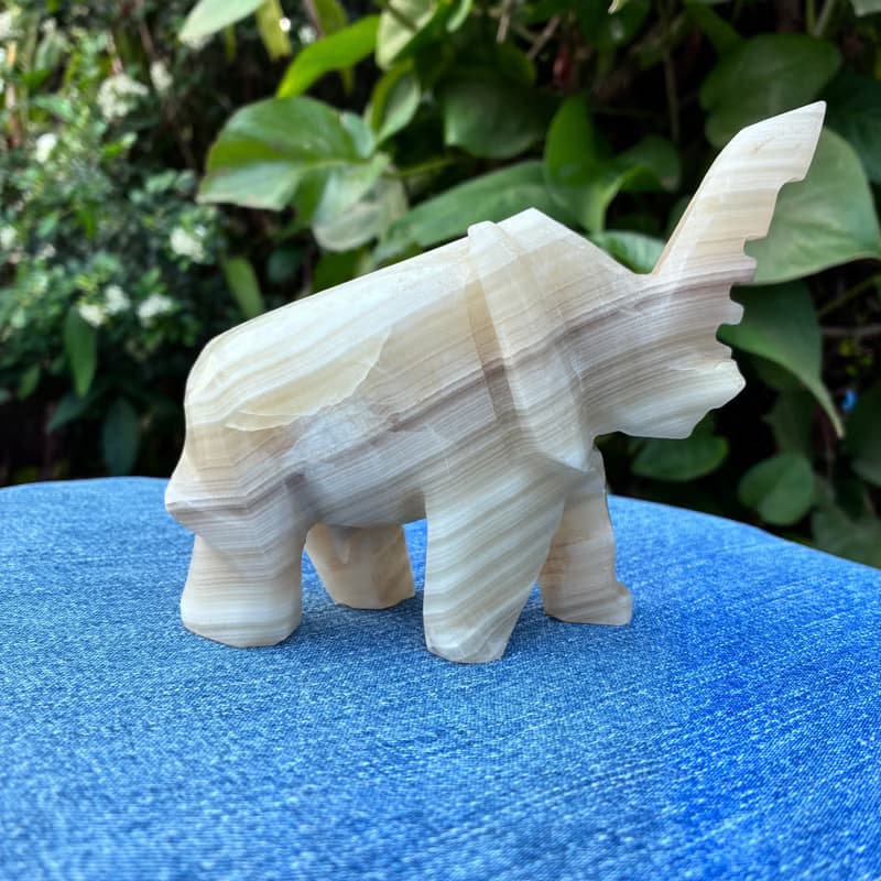 Vintage Hand Carved  Elephant Onyx Stone Animal Figurine Trunk Up