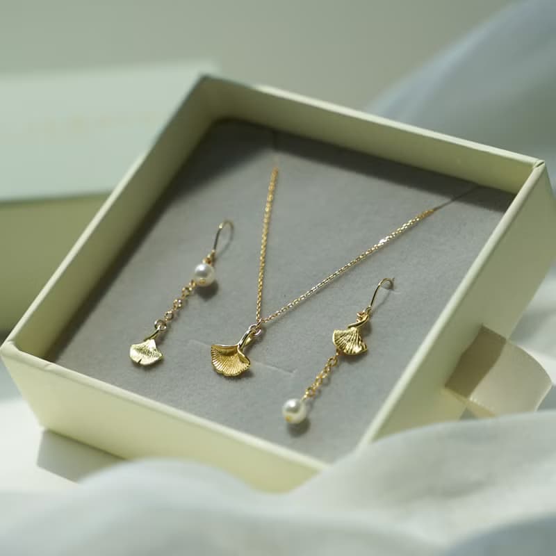 花語銀杏耳環項鍊禮盒 925純銀鍍18k金