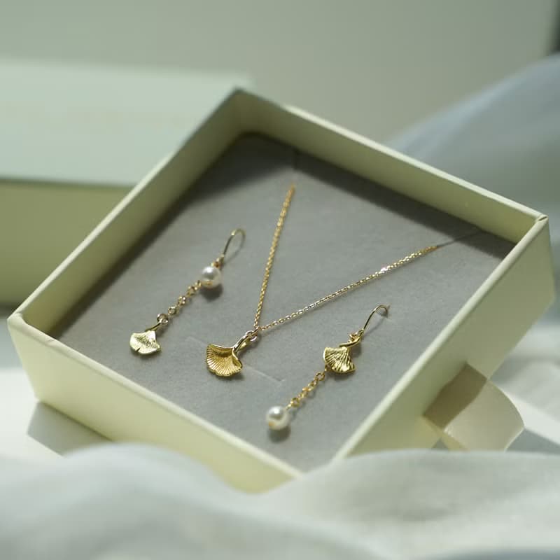 花語銀杏耳環項鍊禮盒 925純銀鍍18k金