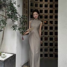 新中式復古 條紋緊身改良旗袍 駝