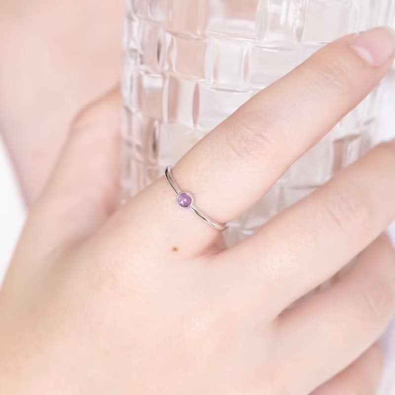 紫水晶925純銀簡約鑲邊戒指 可調式戒指
