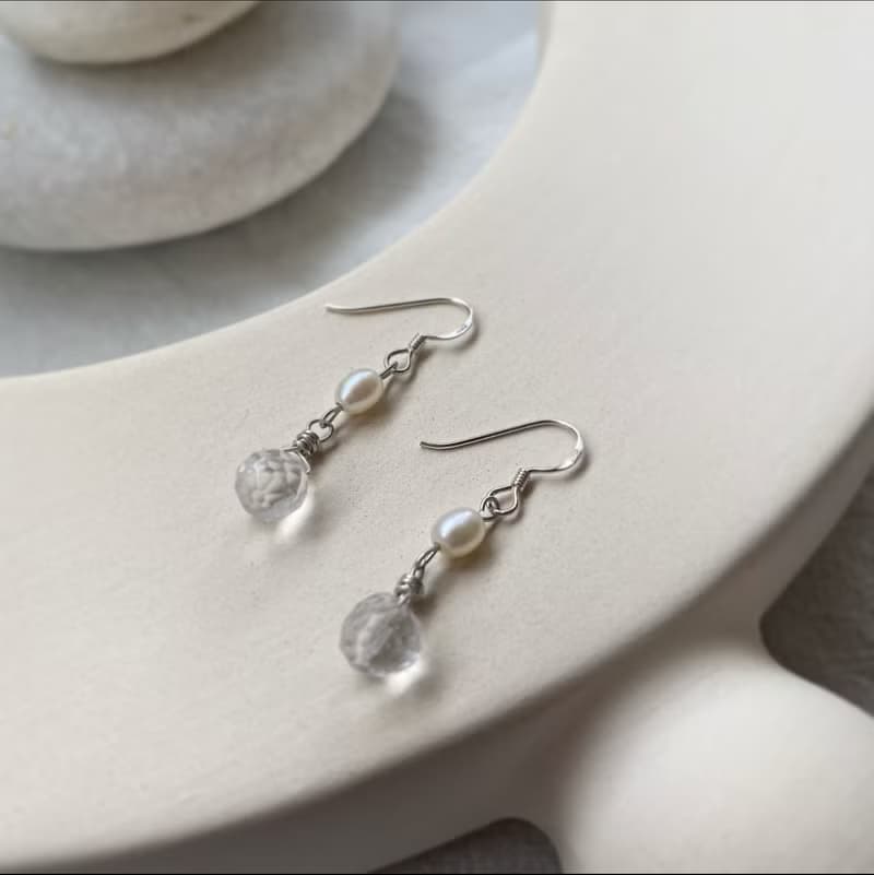 優雅冰糖花 純銀耳環/ 珍珠 白水晶