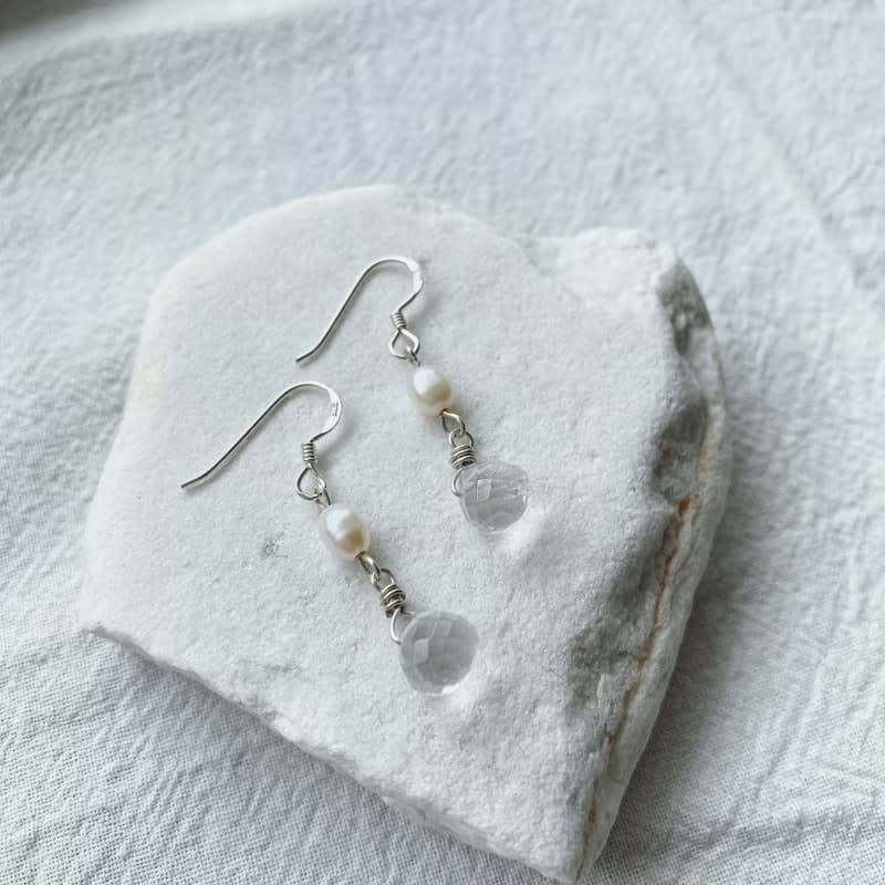 優雅冰糖花 純銀耳環/ 珍珠 白水晶