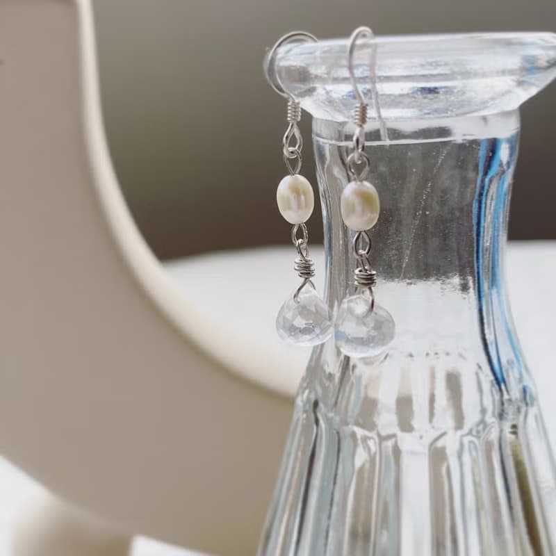 優雅冰糖花 純銀耳環/ 珍珠 白水晶