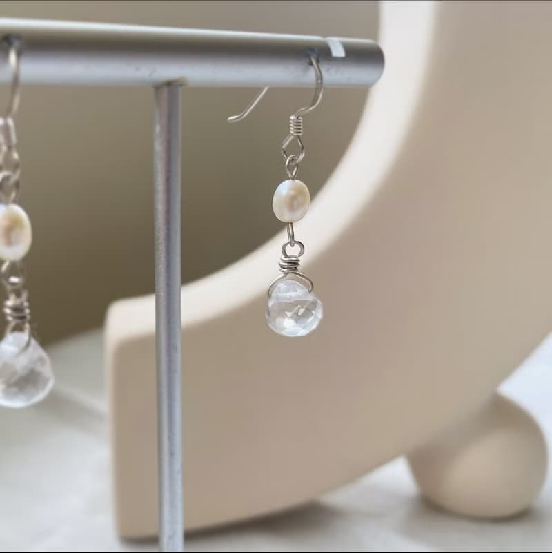 優雅冰糖花 純銀耳環/ 珍珠 白水晶