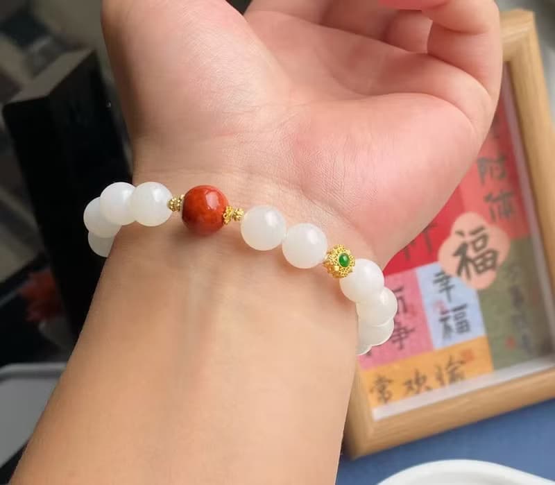 天然和田白玉原創手鏈搭配南紅轉運珠 銀鑲翡翠 平安喜樂手鏈