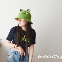 Crochet cute frog bucket women men Custom green knitted funny fisherman hat
