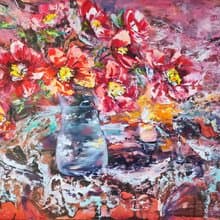 Lighted Candle Flower Bouquet Oil Painting Impasto Original Artist Svinar Oksana