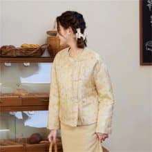 淡黃色 中式秋冬夾棉兔子印花棉服外套 新中式中秋春節改良旗袍