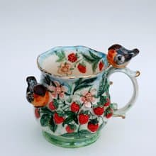 Birds and berries Art mug Raspberry cup Love birds figurine colorful Sculpture