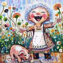 Funny Girl  with a Pig  Original Art  Oil Painting  Oil On Canvas