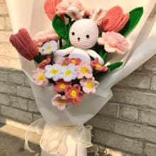 Crochet Bunny with Tulip Rose and Forget me not Flower Bouquet